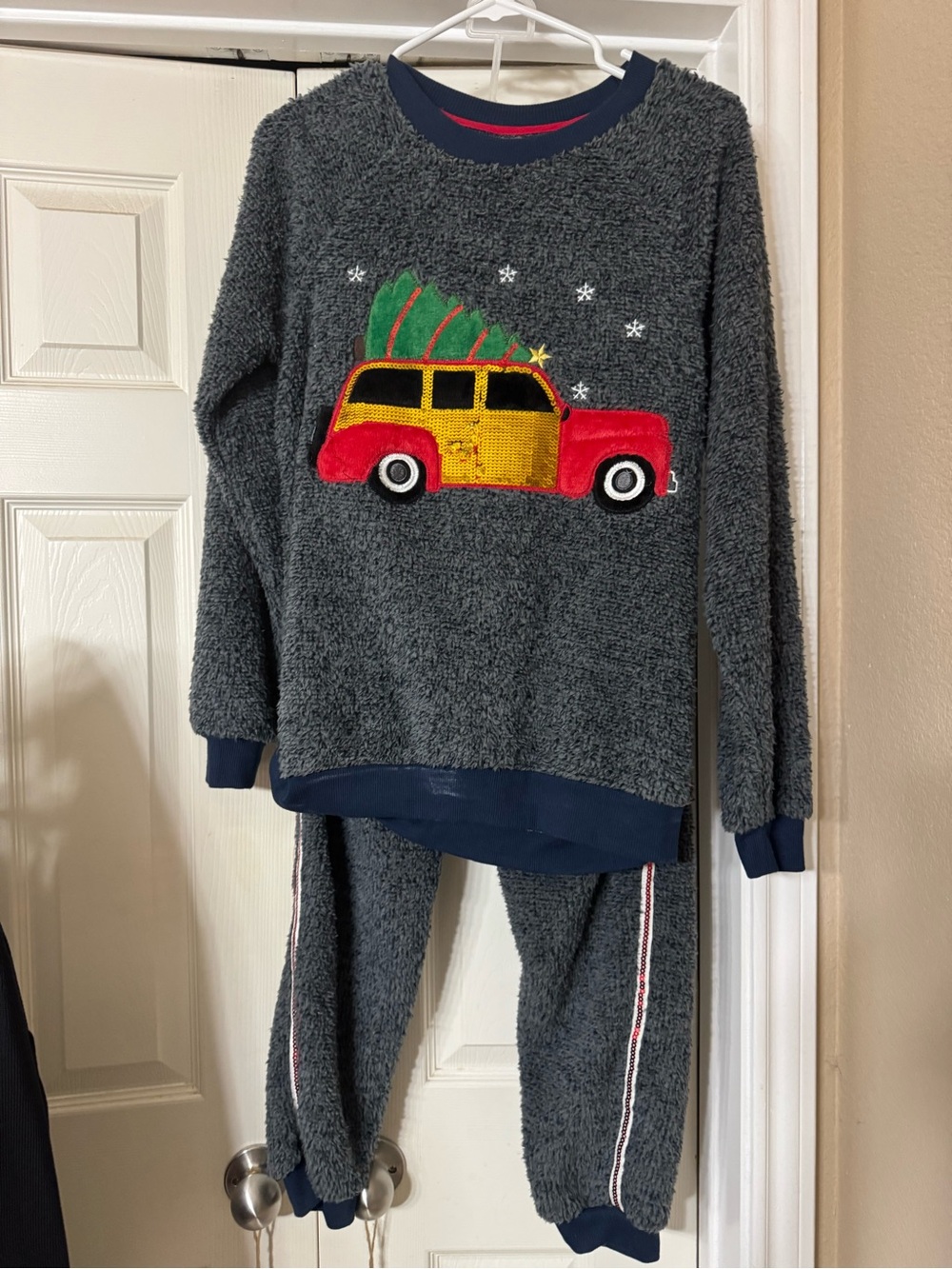 Women’s  Plush Gray Holiday Pajama Set with Red & Yellow Car